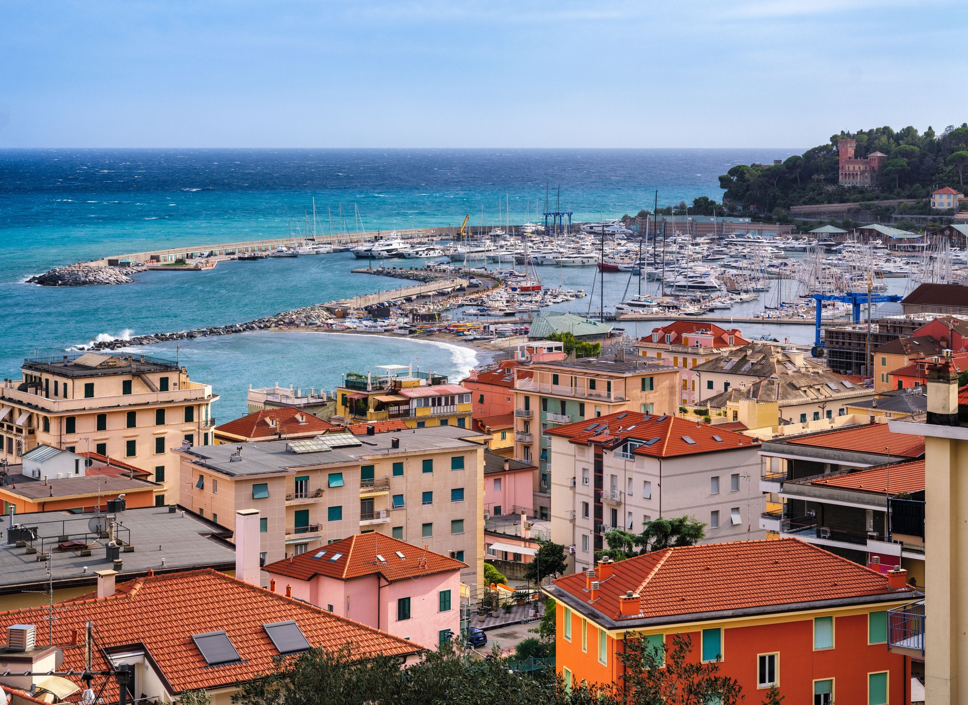 The port "Marina di Varazze" as seen from the surrounding hills. Ligurian coast, Italy